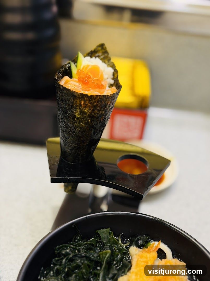 Salmon Hand Roll and Udon Soup