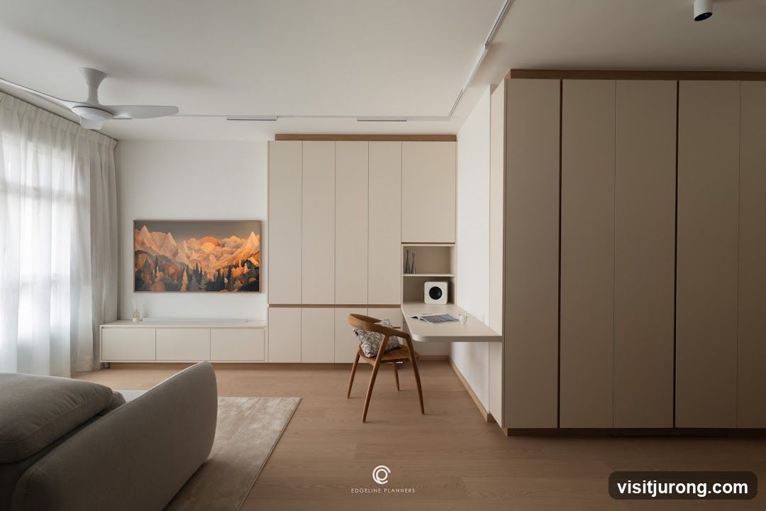 Modern Living Room with Built-in Storage and Desk