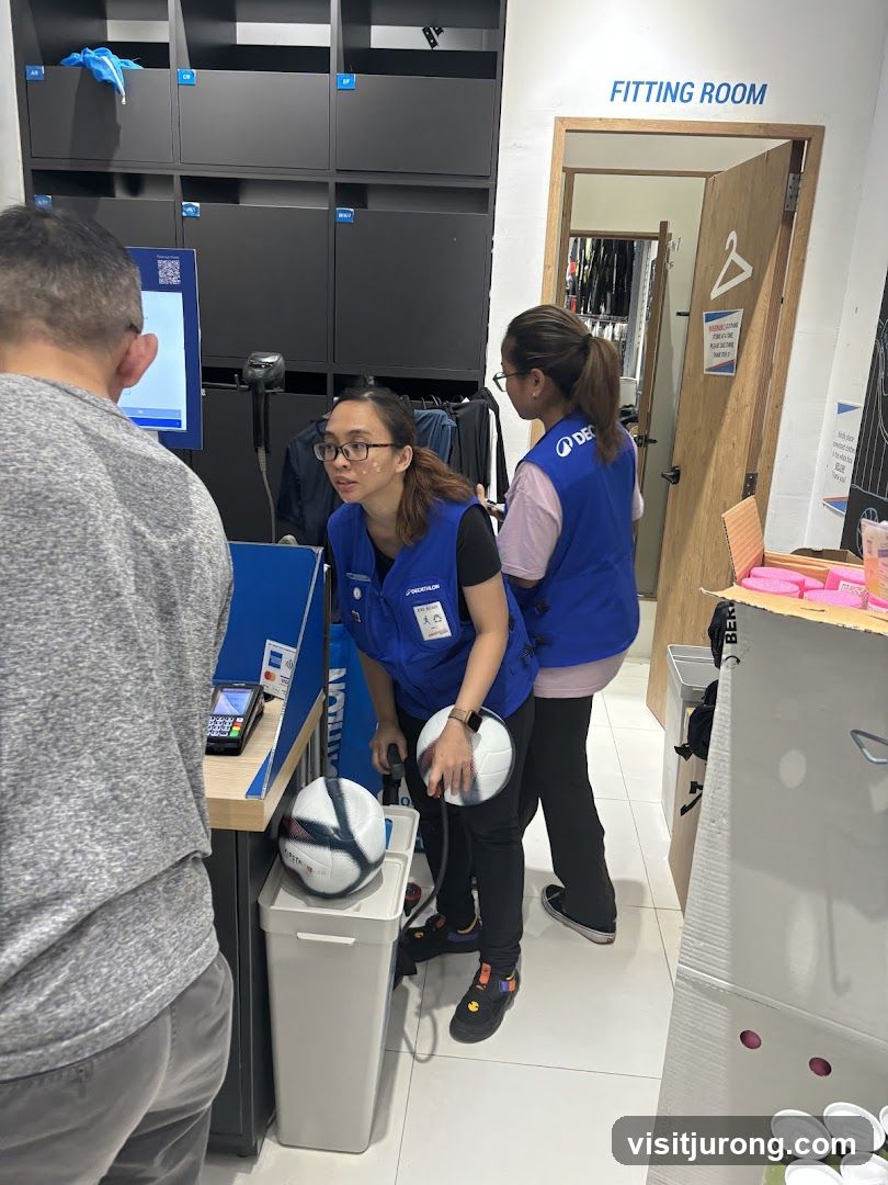 Staff assisting customer with a soccer ball