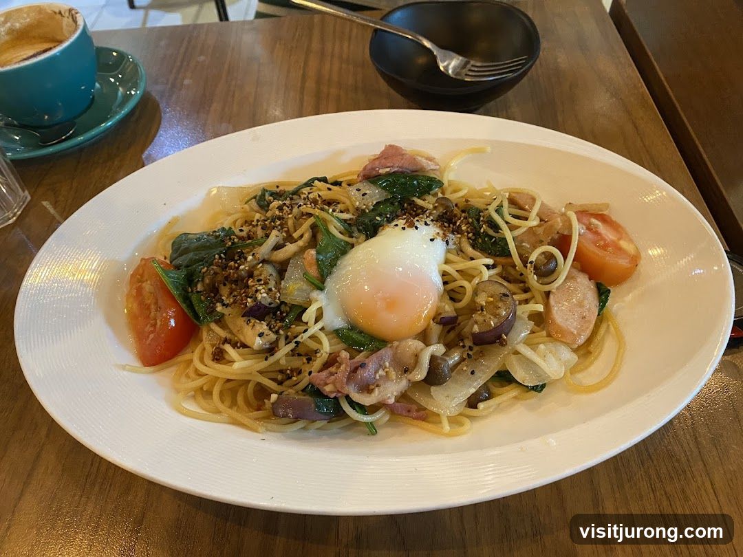 Spaghetti with Poached Egg and Vegetables