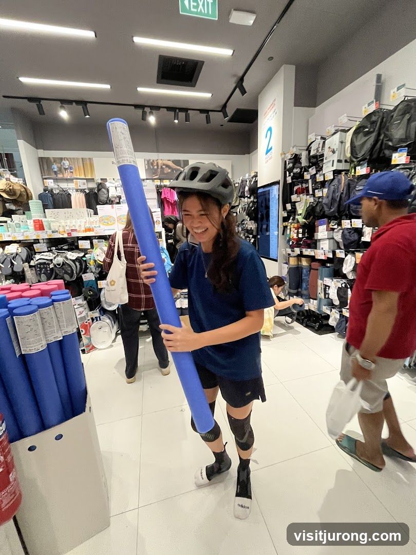 Woman holding a large blue foam roller in a store