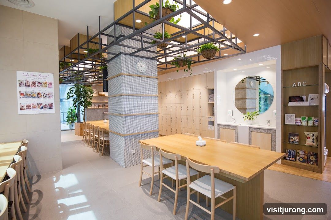 Interior of a cafe with seating and lockers