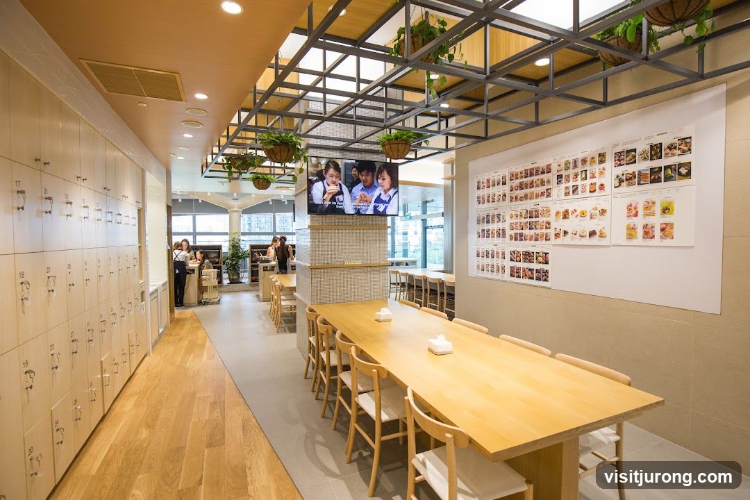 Modern Cafe Interior with Lockers and Dining Area