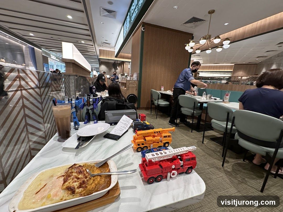 Diners at a restaurant with toys on the table