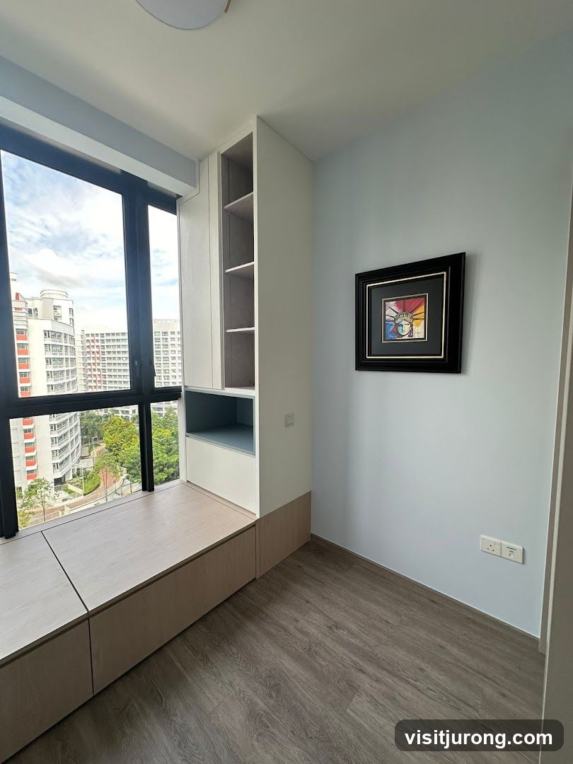 Modern room with built-in furniture and artwork