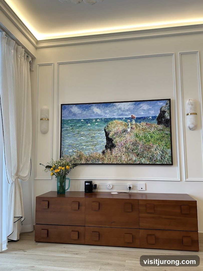 Living room with artwork and wooden cabinet