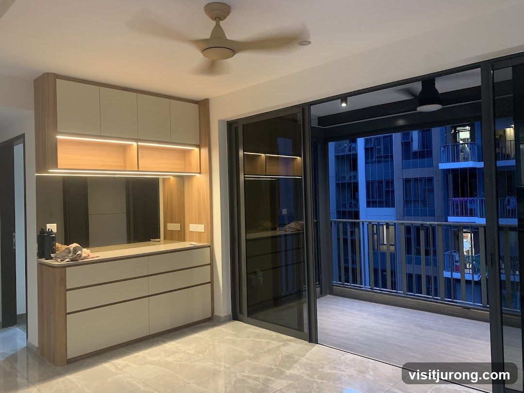 Modern Interior with Built-in Cabinetry and Balcony View