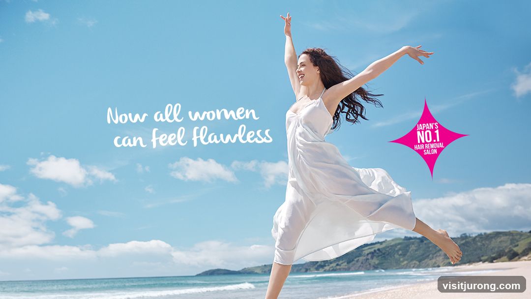 Woman jumping on beach with text overlay