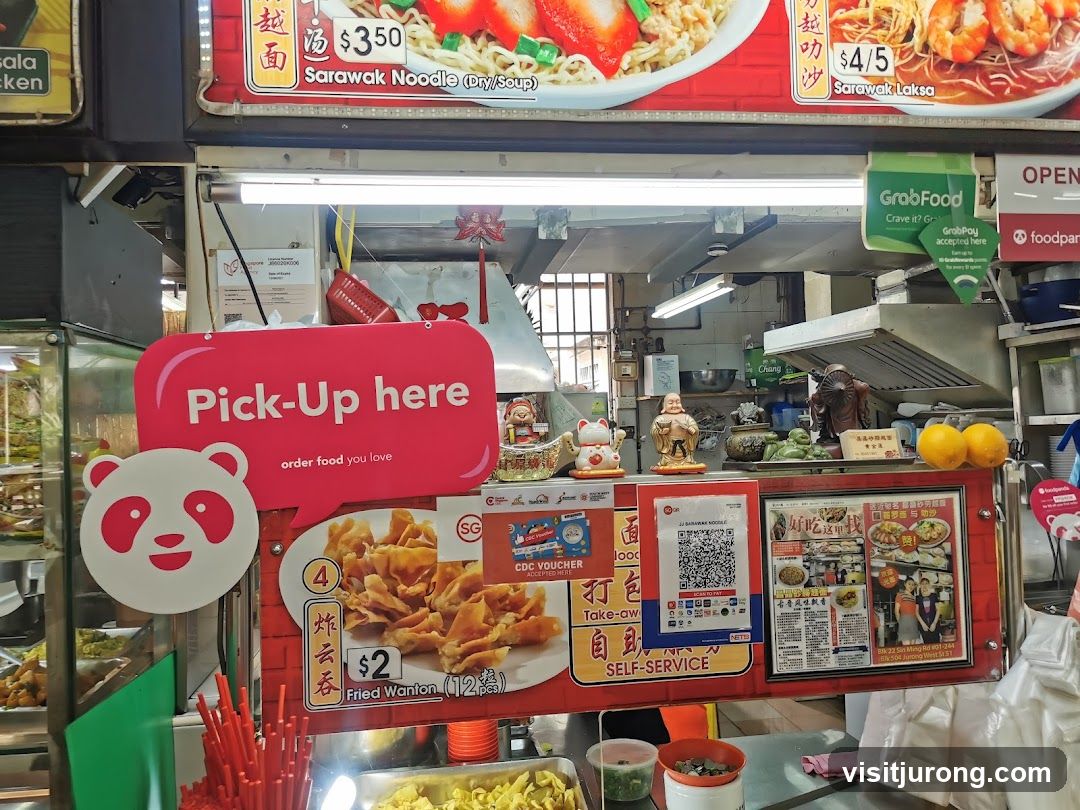 Food stall with delivery service signs