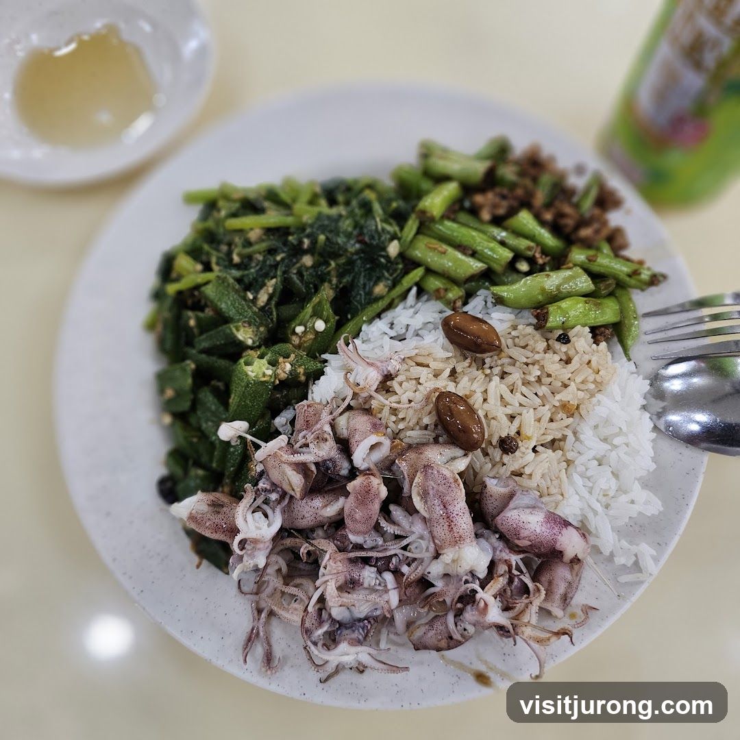 Rice plate with squid and vegetables