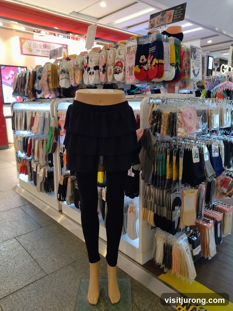 Mannequin wearing black skirt and leggings in a sock store