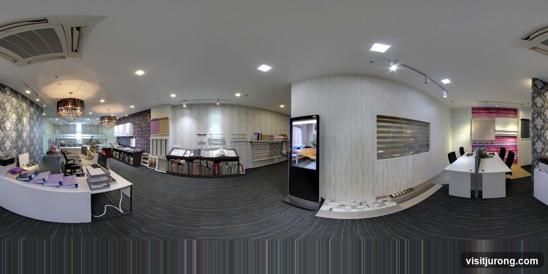Interior of a showroom with window treatments and office furniture