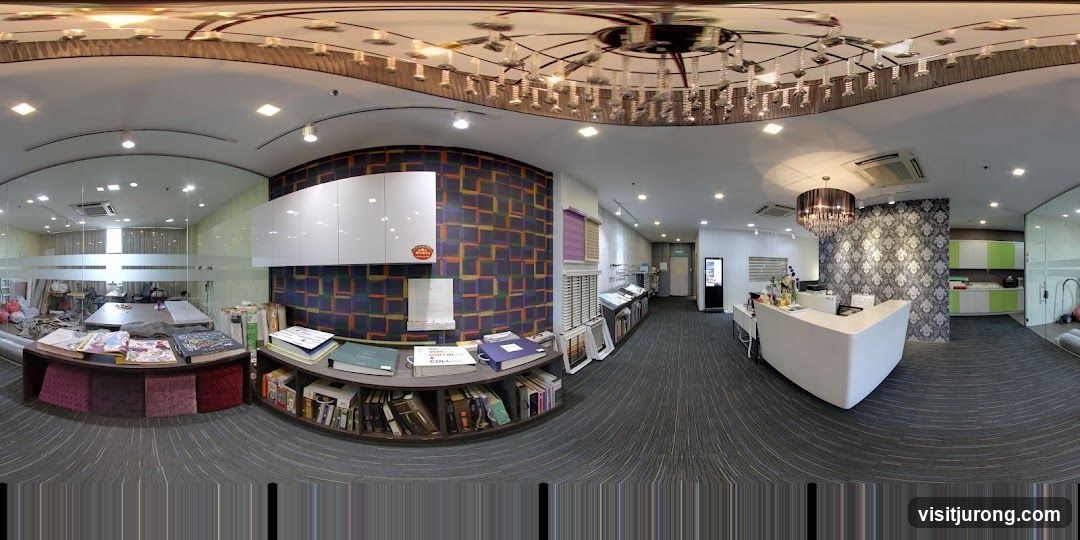 Interior of a showroom with fabric samples and a reception desk