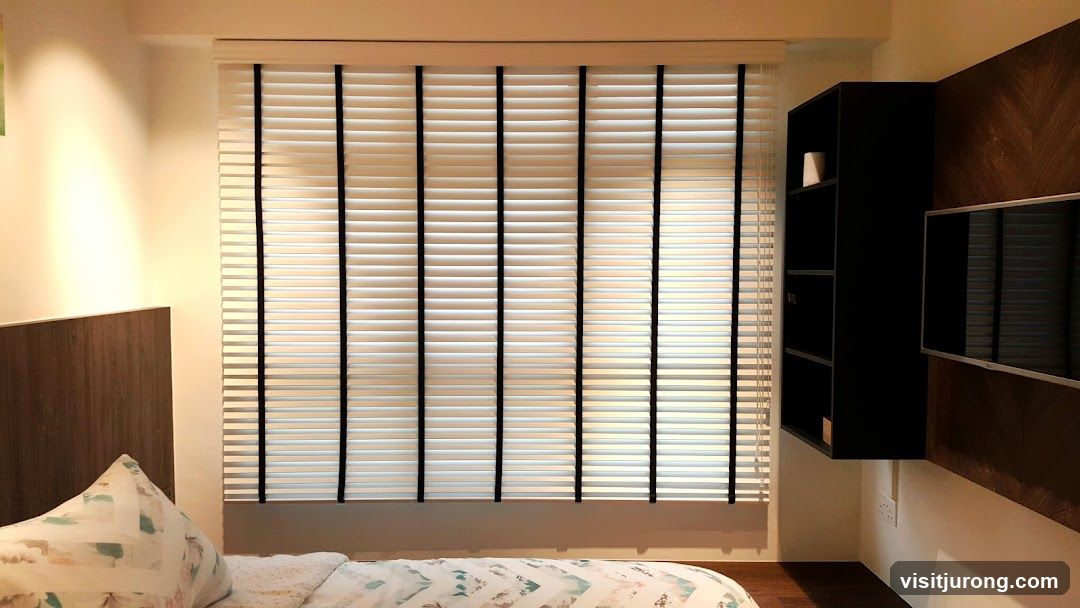 Bedroom Interior with Blinds and Shelving