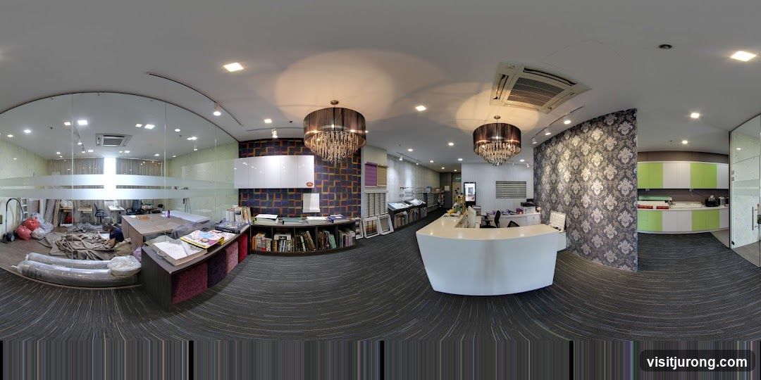 Interior of a showroom with blinds and wallpaper samples