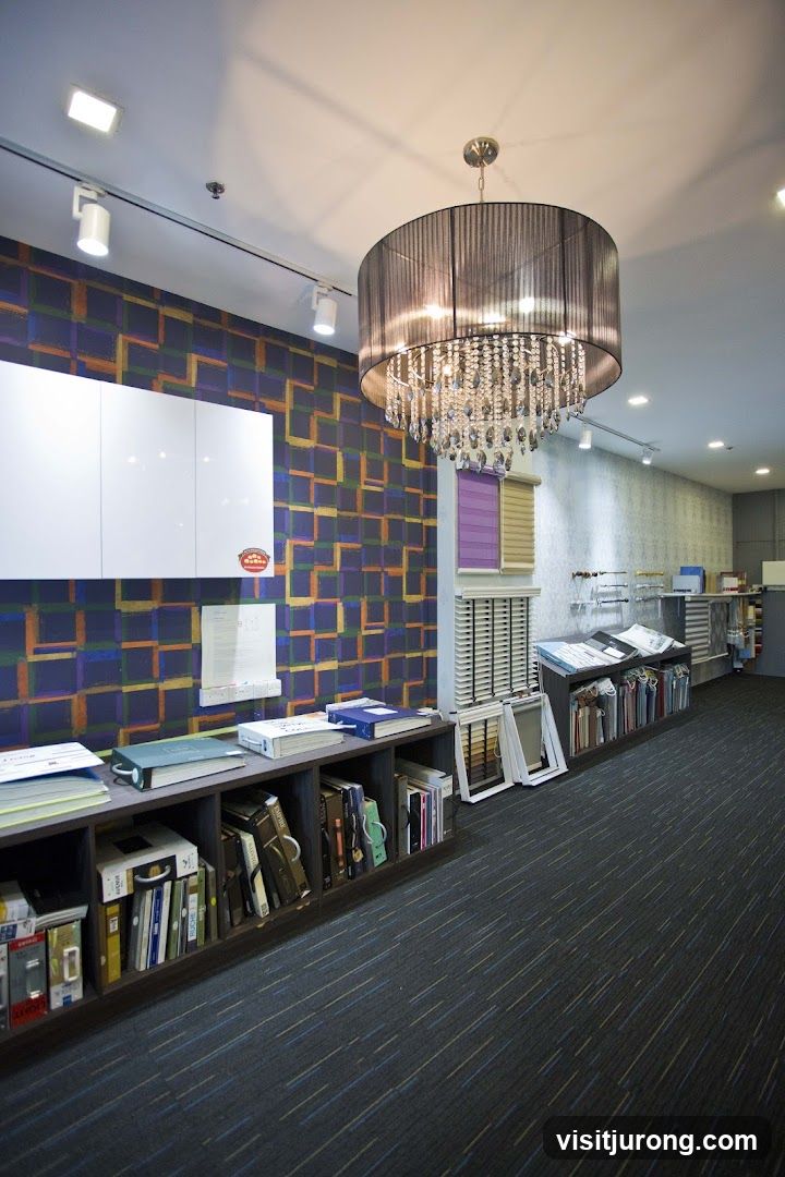 Interior of a showroom with blinds and books