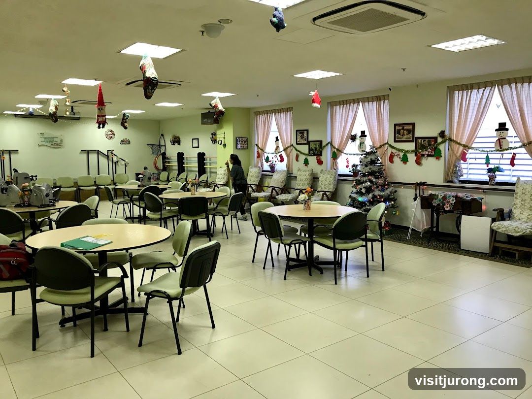 Christmas Decorated Room with Tables and Chairs