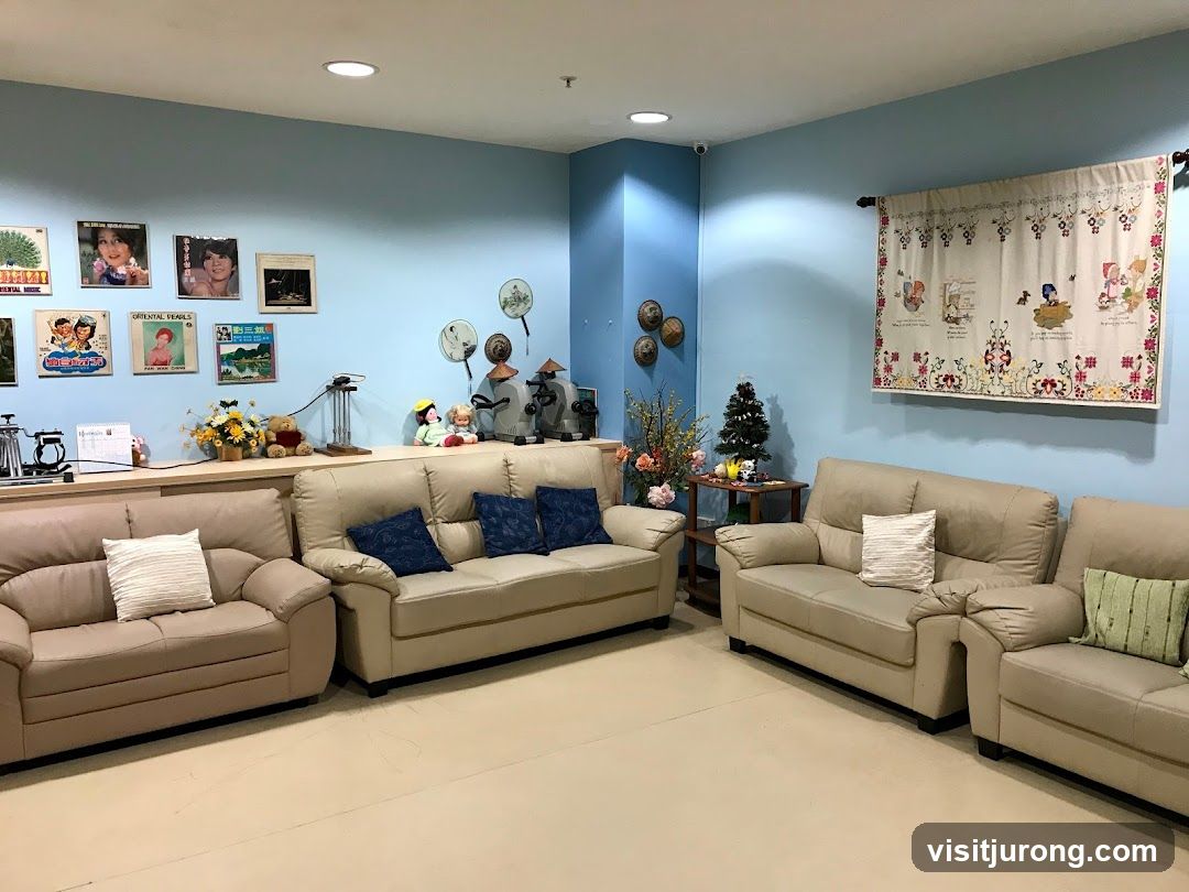 Waiting area with sofas and wall decorations
