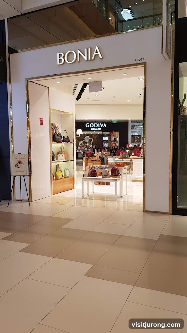 The exterior of a Bonia store with its name prominently displayed above the entrance. Inside, handbags are displayed on shelves and tables. Adjacent to the Bonia store is a Godiva store.