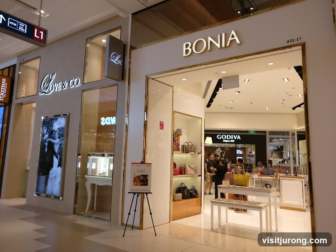 The exterior of two adjacent stores, Bonia and Love & Co., in a shopping mall. Bonia has a large sign above its entrance, and Love & Co. has its name displayed prominently on its facade. Both stores display merchandise through their windows. A promotional stand is visible outside the Love & Co. store.