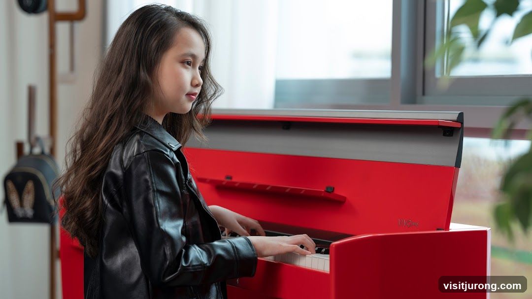 Young girl playing a red digital piano