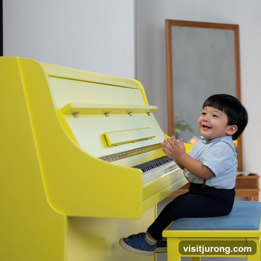Child playing a yellow piano