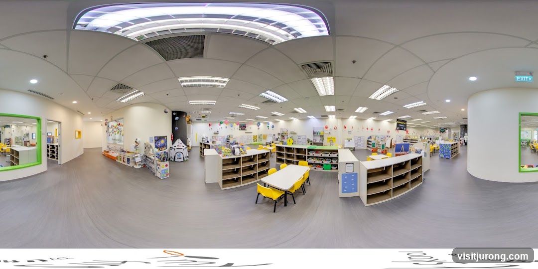 Classroom interior with tables and shelves