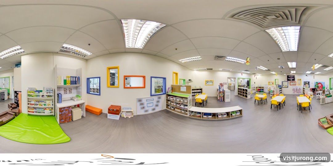 Classroom interior with tables and chairs