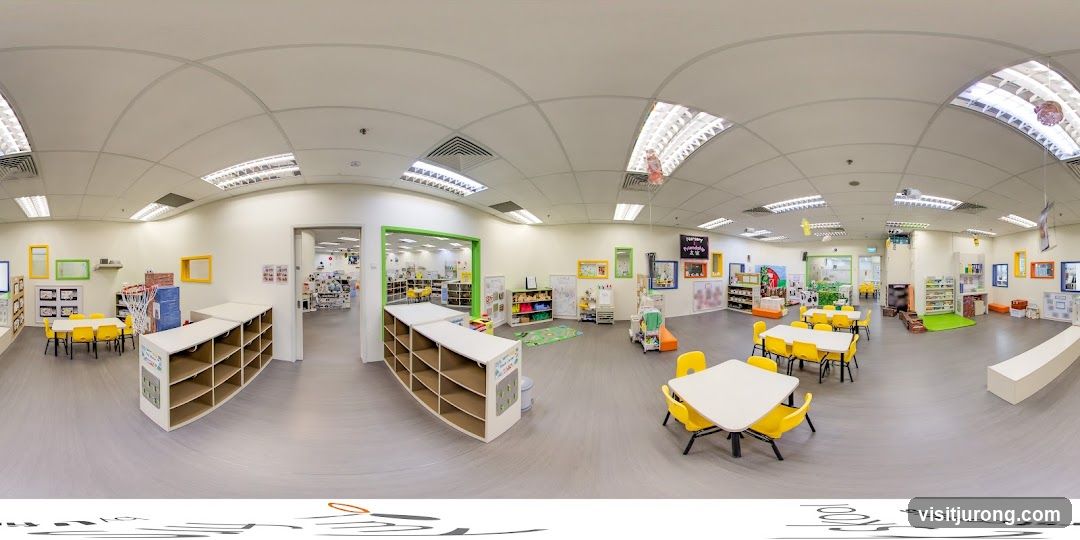 Classroom interior with tables and chairs