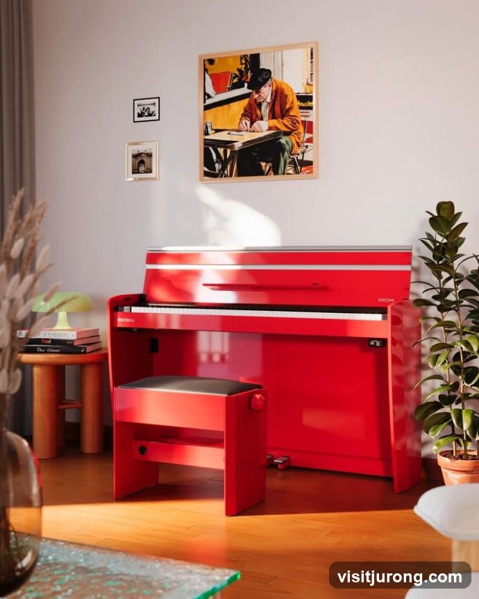 Red Digital Piano in a Sunlit Room