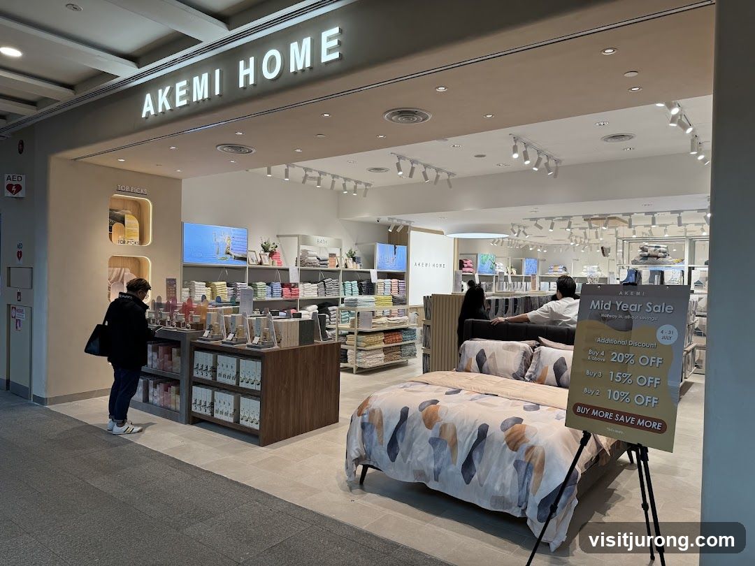 The exterior of the Akemi Home store is visible, with the store name prominently displayed above the entrance. Inside, shelves are stocked with various home goods, including bedding and bath items. A display bed is set up in front of the store, and a promotional sign for a "Mid Year Sale" is placed on a tripod.