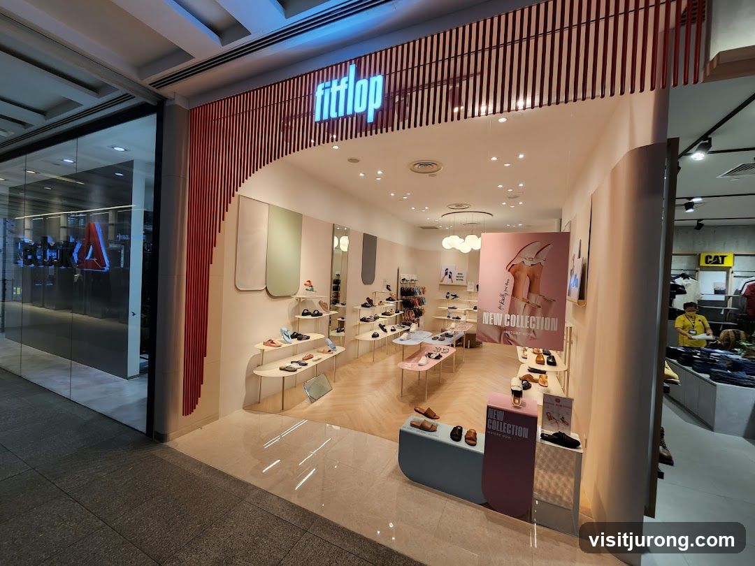 The exterior of a Fitflop store with its logo visible above the entrance. The store displays various sandals and shoes on shelves and stands. A large pink poster announces a "New Collection." The store is well-lit and appears modern.