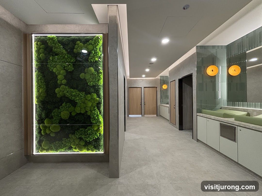 Modern Restroom with Greenery and Changing Stations