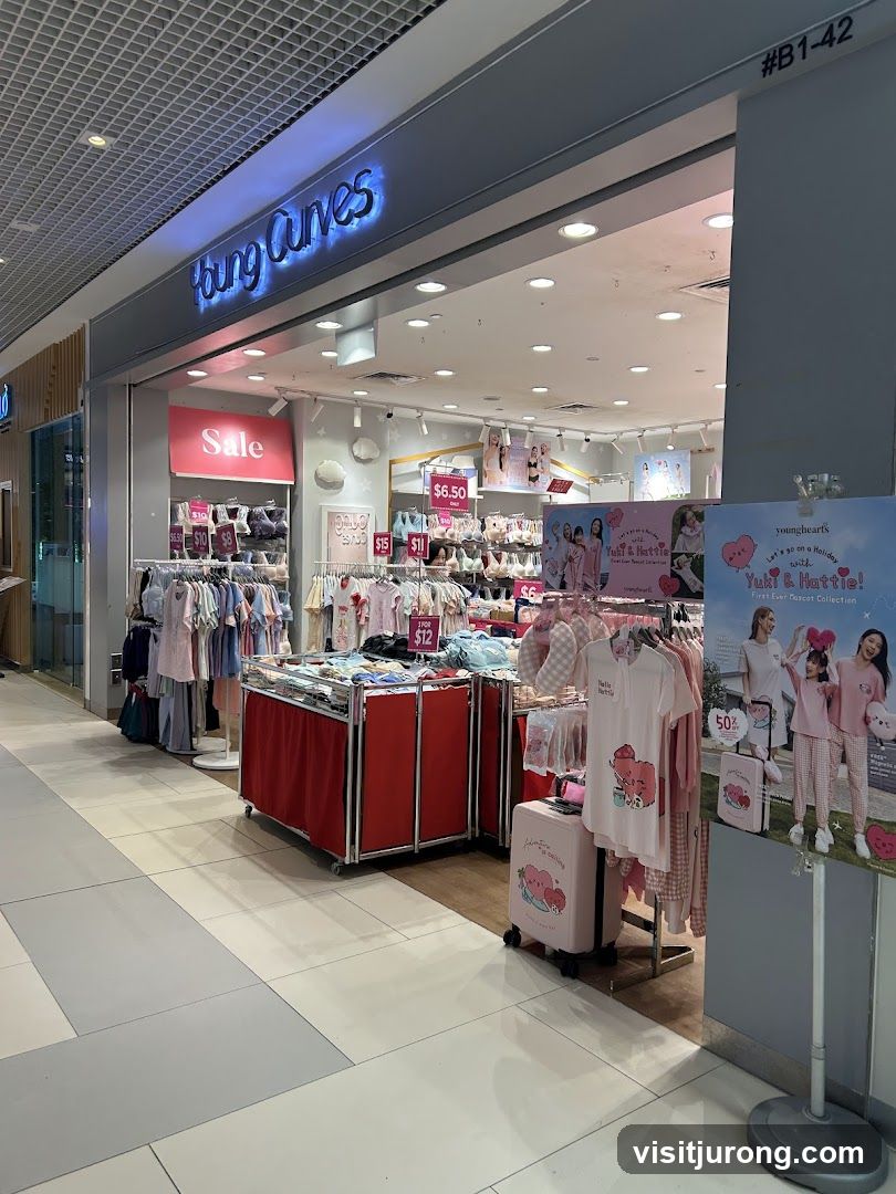 The storefront of a clothing store called Young Curves. The store has a sale advertised with pink signage. Racks of clothing are displayed outside the store, including pajamas and loungewear. A promotional poster for a collection called "Yuki & Hattie" is visible.