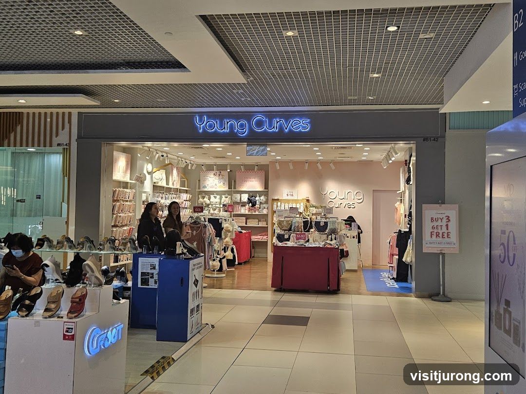 The storefront of a lingerie shop called Young Curves. The store has a bright interior with displays of bras and other undergarments. There are mannequins and racks of clothing visible. A promotional sign outside the store reads "BUY 3 GET 1 FREE".
