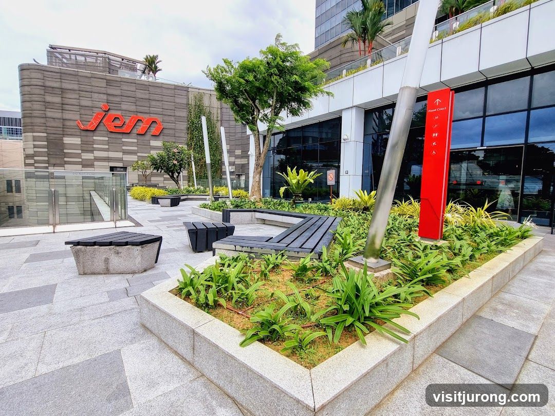 Outdoor seating area with signage