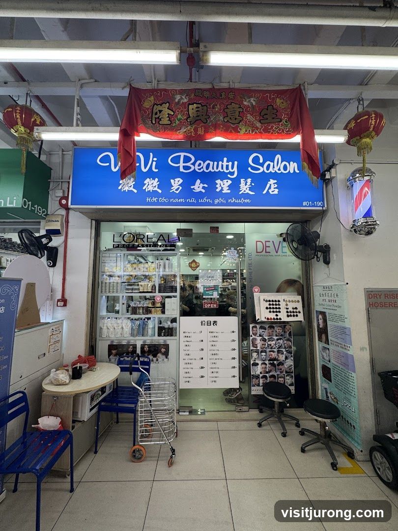 The exterior of a beauty salon with a blue sign that reads "Vi Vi Beauty Salon" in English and Chinese. Below the English text, it says "Hớt tóc nam nữ, uốn, gội, nhuộm" in Vietnamese. A red banner with Chinese characters hangs above the sign. A barber pole is visible to the right of the sign. The entrance is glass, revealing shelves stocked with hair products and a menu board inside.