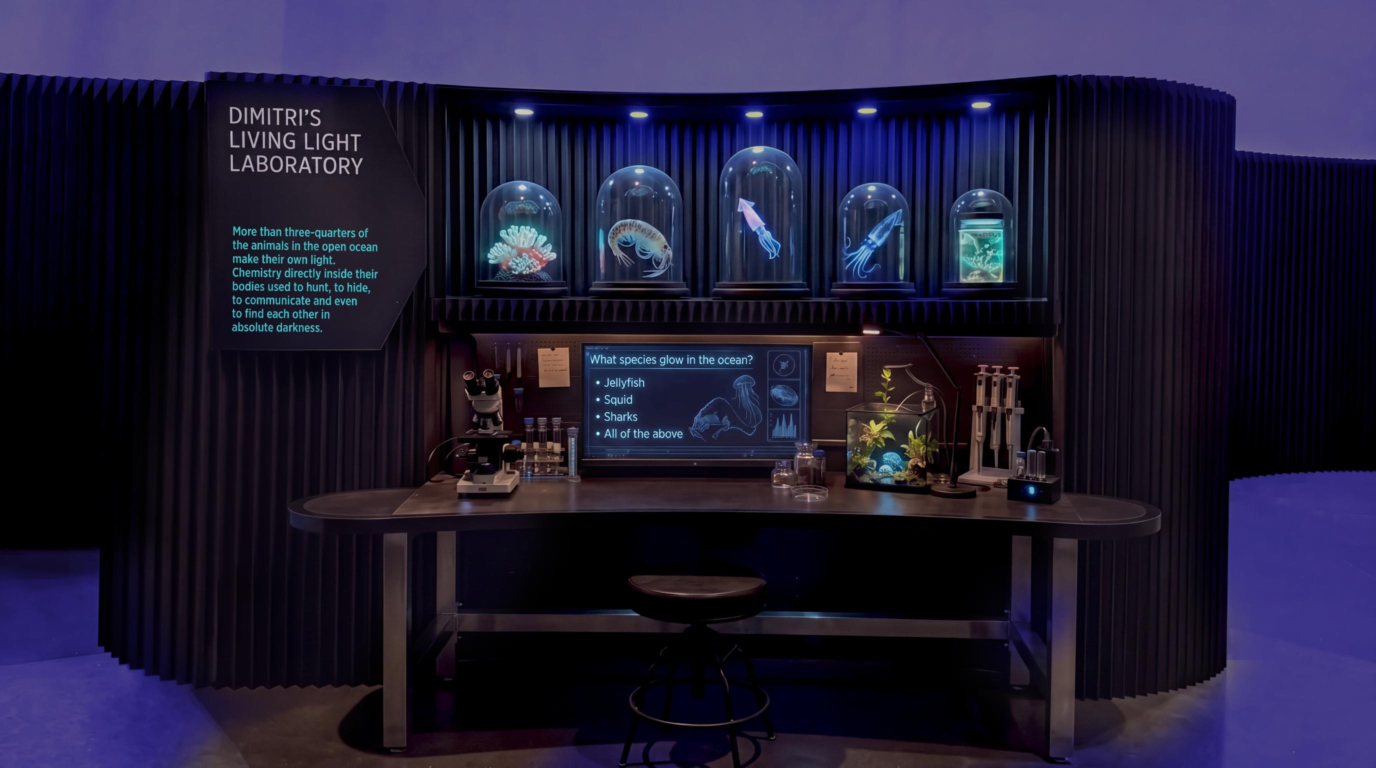 Dimitri's Living Light Laboratory display at Glowing Oceans, Science Centre Singapore